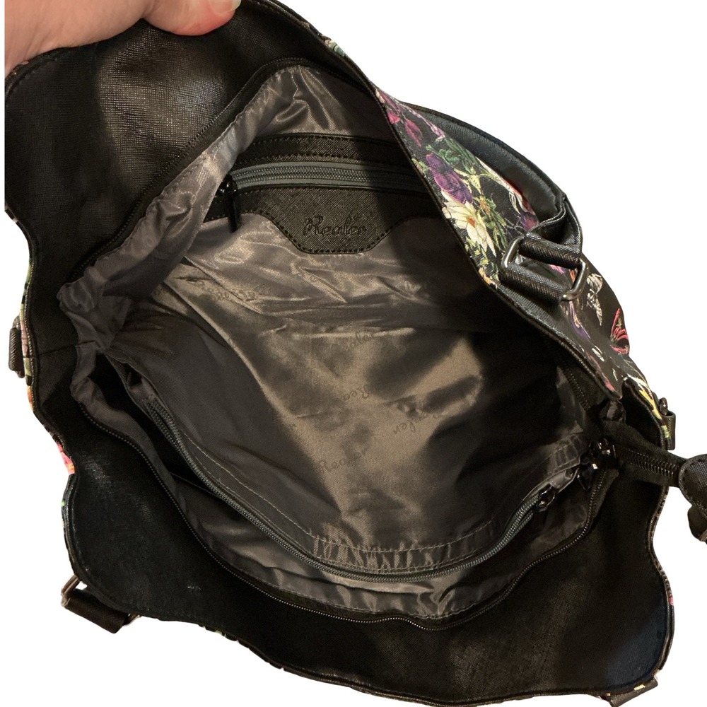 Realer Floral Butterfly Black Faux Leather Hobo Tote Shoulder Bag with Pouch - Picture 8 of 9